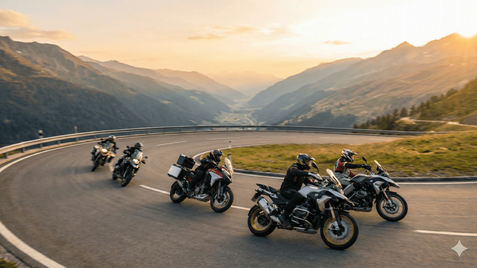 Gruppe Motorradfahrer fährt duch eine Kurve